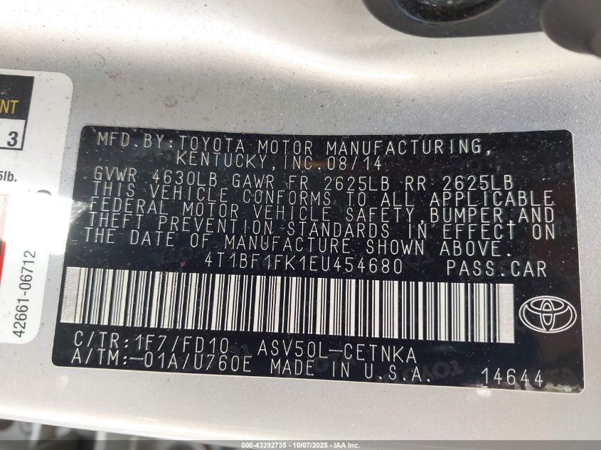 2014 Toyota Camry Le VIN: 4T1BF1FK1EU454680 Lot: 43392735