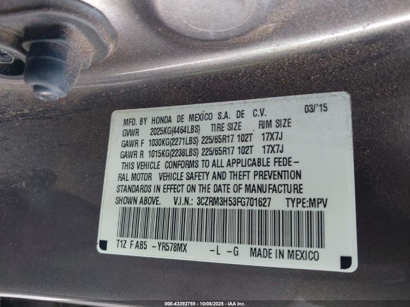 2015 Honda Cr-V Ex VIN: 3CZRM3H53FG701627 Lot: 43392759