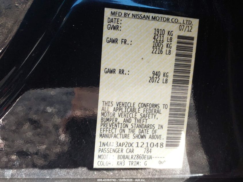 2013 Nissan Altima 2.5 S VIN: 1N4AL3AP2DC121048 Lot: 43392760