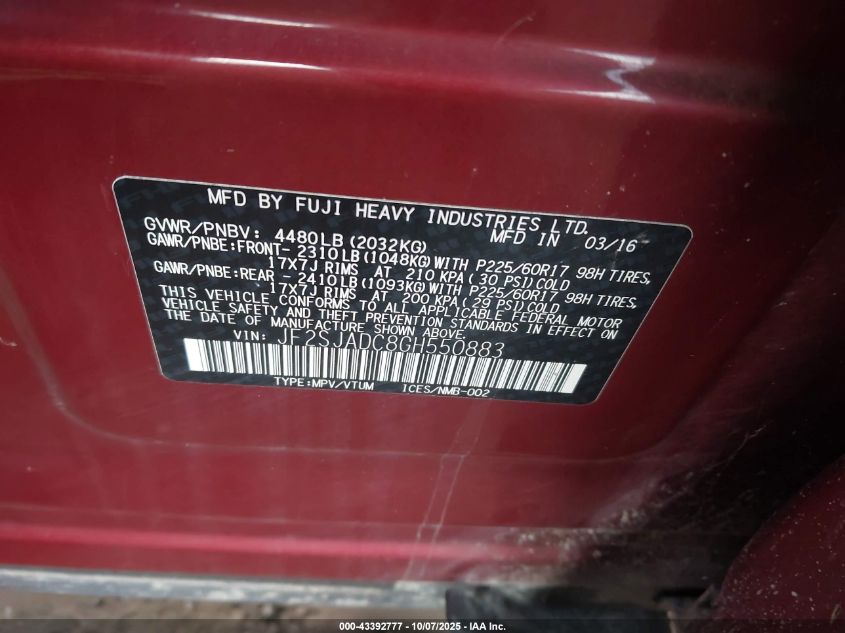 2016 Subaru Forester 2.5I Premium VIN: JF2SJADC8GH550883 Lot: 43392777