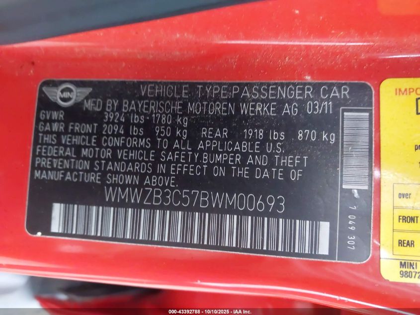 2011 Mini Cooper Countryman VIN: WMWZB3C57BWM00693 Lot: 43392788