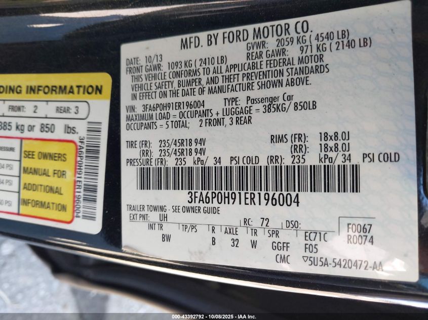 2014 Ford Fusion Se VIN: 3FA6P0H91ER196004 Lot: 43392792