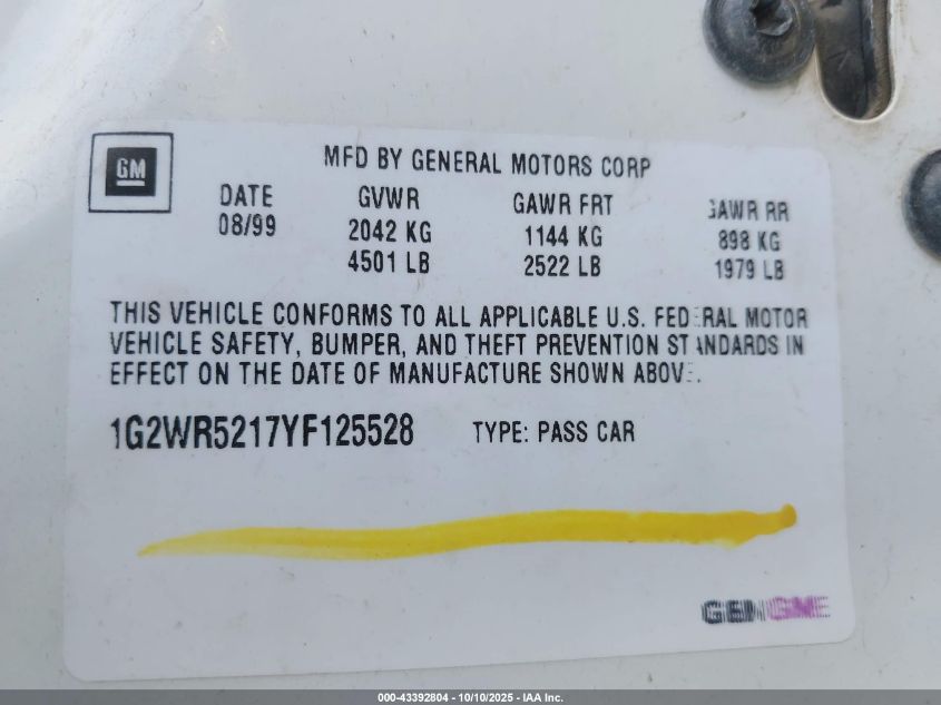 2000 Pontiac Grand Prix Gtp VIN: 1G2WR5217YF125528 Lot: 43392804