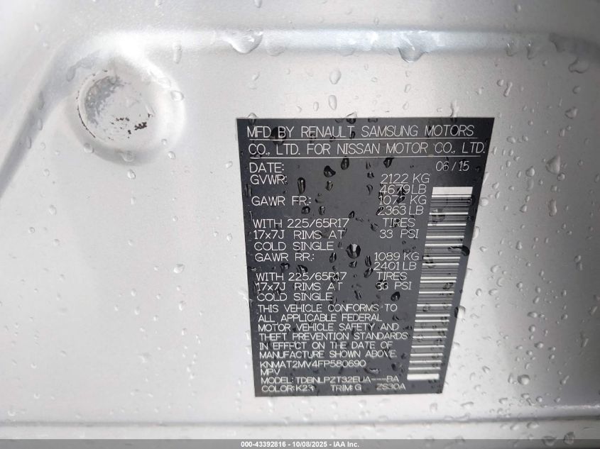 2015 Nissan Rogue S VIN: KNMAT2MV4FP580690 Lot: 43392816