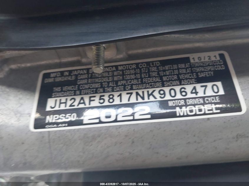 2022 Honda Nps50 VIN: JH2AF5817NK906470 Lot: 43392817