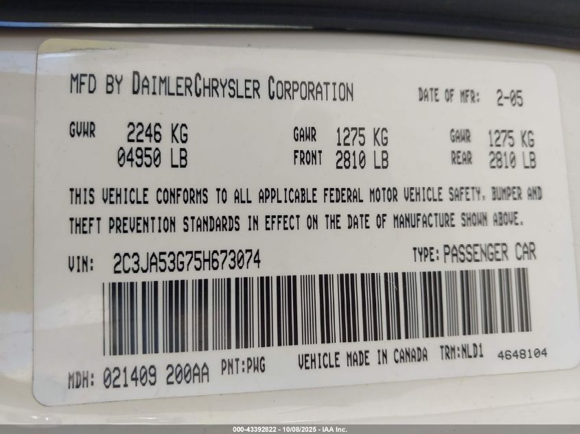 2005 Chrysler 300 Touring VIN: 2C3JA53G75H673074 Lot: 43392822