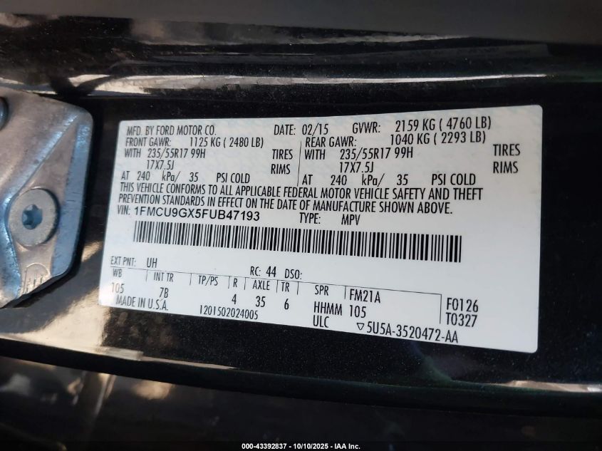 2015 Ford Escape Se VIN: 1FMCU9GX5FUB47193 Lot: 43392837