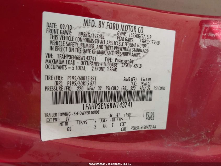 2011 Ford Focus S VIN: 1FAHP3EN6BW143741 Lot: 43392841