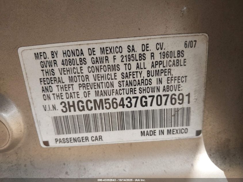 2007 Honda Accord 2.4 Lx VIN: 3HGCM56437G707691 Lot: 43392843