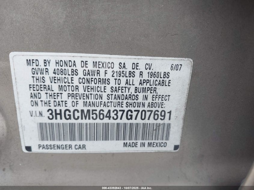 2007 Honda Accord 2.4 Lx VIN: 3HGCM56437G707691 Lot: 43392843