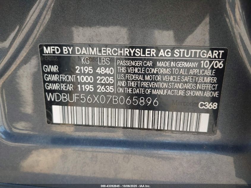 2007 Mercedes-Benz E 350 VIN: WDBUF56X07B065896 Lot: 43392845