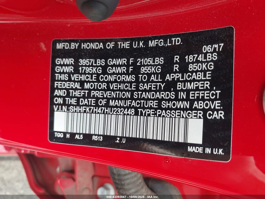 2017 HONDA CIVIC SPORT SHHFK7H47HU232448