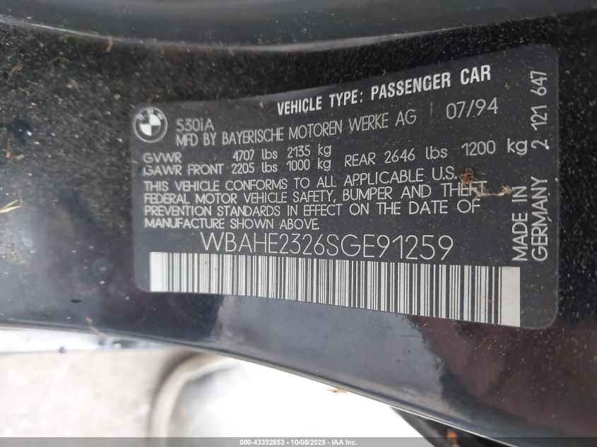 1995 BMW 530 I Automatic VIN: WBAHE2326SGE91259 Lot: 43392853