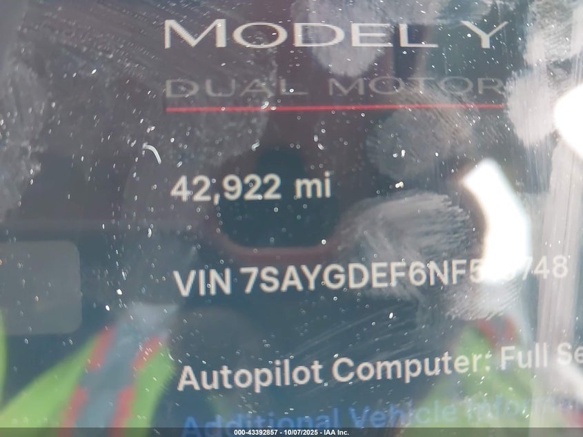 2022 Tesla Model Y Performance Dual Motor All-Wheel Drive VIN: 7SAYGDEF6NF516748 Lot: 43392857