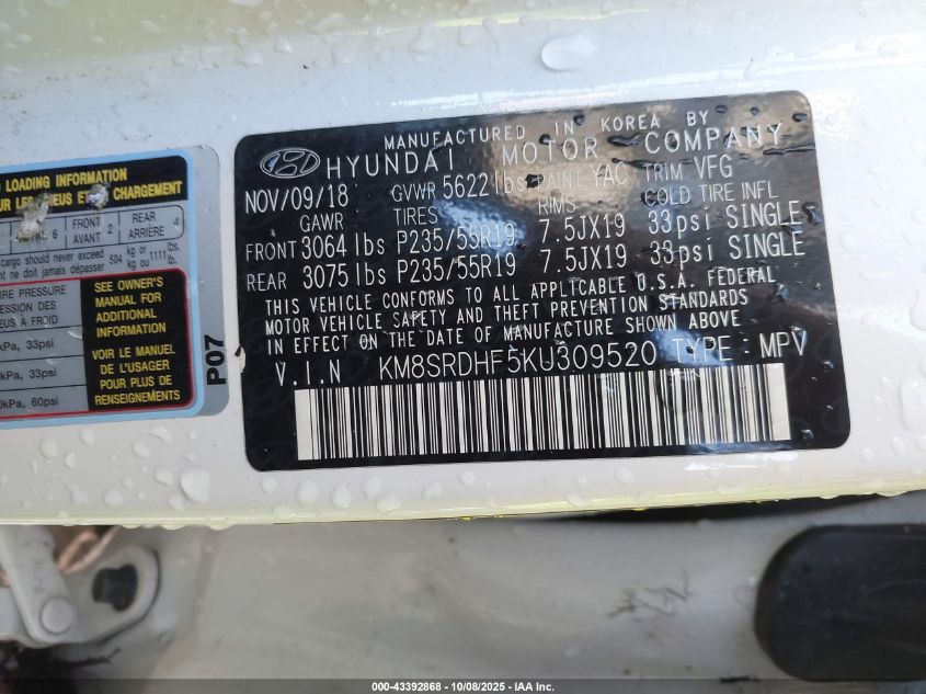 2019 Hyundai Santa Fe Xl Limited Ultimate VIN: KM8SRDHF5KU309520 Lot: 43392868