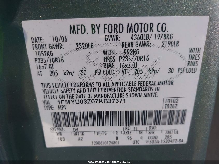 2007 Ford Escape Xlt VIN: 1FMYU03Z07KB37371 Lot: 43392880