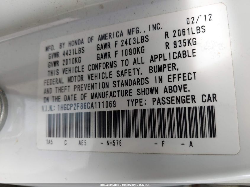 2012 Honda Accord Sdn 2.4 Ex-L/Ex-L VIN: 1HGCP2F86CA111069 Lot: 43392889