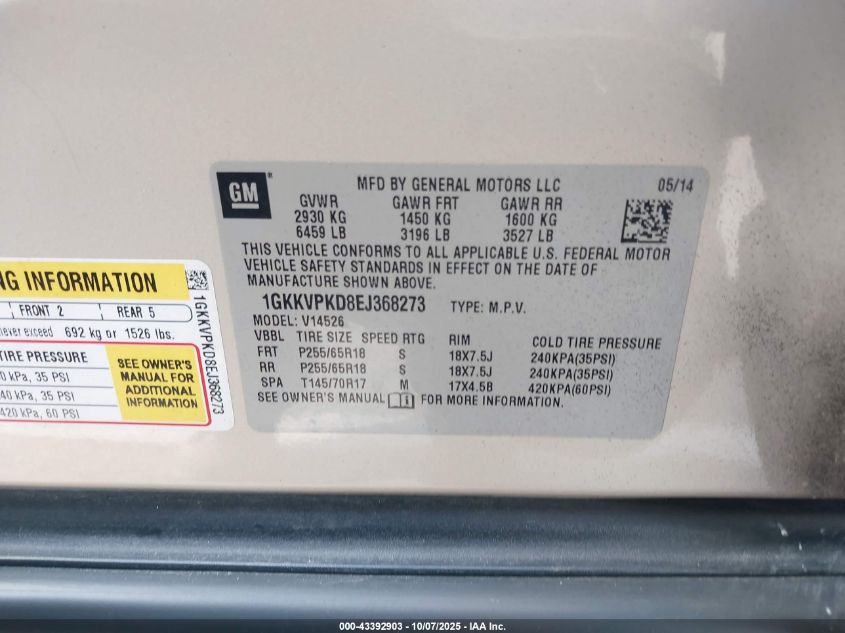 2014 GMC Acadia Sle-2 VIN: 1GKKVPKD8EJ368273 Lot: 43392903