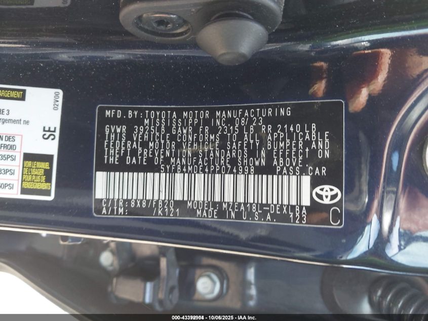 2023 Toyota Corolla Le VIN: 5YFB4MDE4PP074998 Lot: 43392904