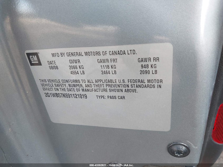 2009 Chevrolet Impala Ls VIN: 2G1WB57K691121019 Lot: 43392921