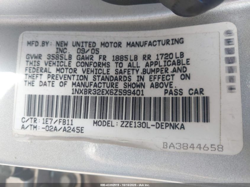 2006 Toyota Corolla Le VIN: 1NXBR32EX6Z599401 Lot: 43392919