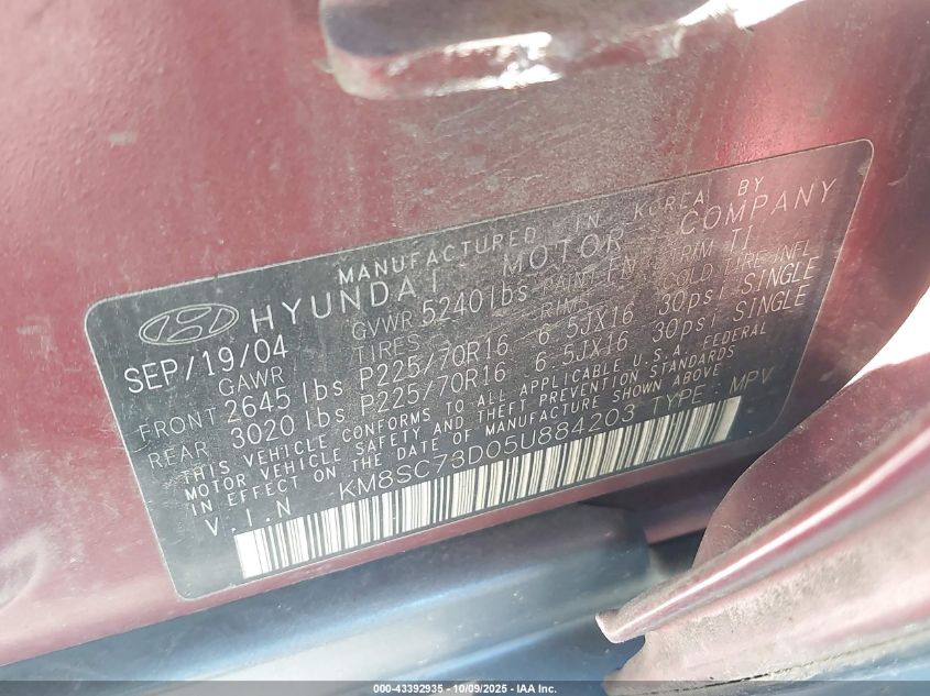 2005 Hyundai Santa Fe Gls VIN: KM8SC73D05U884203 Lot: 43392935