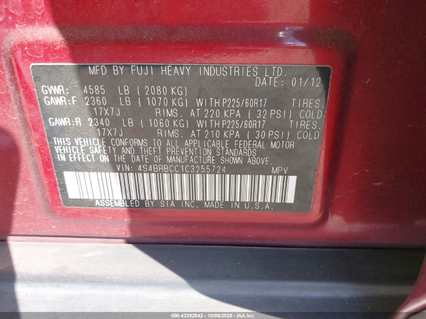 2012 Subaru Outback 2.5I Premium VIN: 4S4BRBCC1C3255724 Lot: 43392942