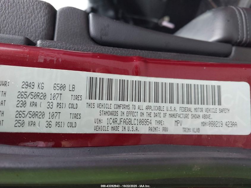2020 Jeep Grand Cherokee Altitude 4X4 VIN: 1C4RJFAG8LC108954 Lot: 43392943