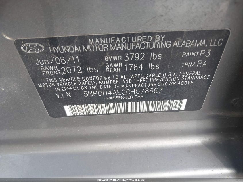 2012 Hyundai Elantra Gls VIN: 5NPDH4AE0CH078667 Lot: 43392948