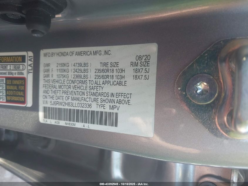 2020 Honda Cr-V Awd Ex-L VIN: 5J6RW2H83LL032336 Lot: 43392949