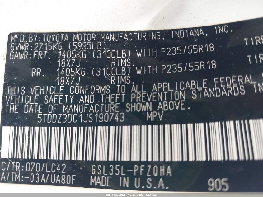 2018 Toyota Sienna Xle Premium 7 Passenger VIN: 5TDDZ3DC1JS190743 Lot: 43392954