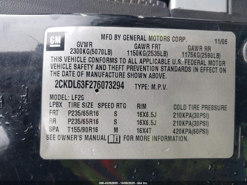 2007 Pontiac Torrent VIN: 2CKDL63F276073294 Lot: 43392955