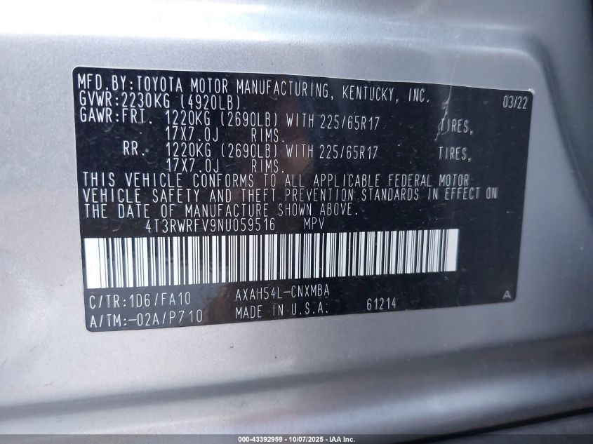 2022 Toyota Rav4 Hybrid Xle VIN: 4T3RWRFV9NU059516 Lot: 43392959