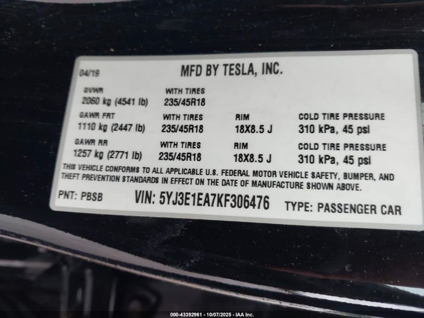 2019 Tesla Model 3 Long Range/Mid Range/Standard Range/Standard Range Plus VIN: 5YJ3E1EA7KF306476 Lot: 43392961