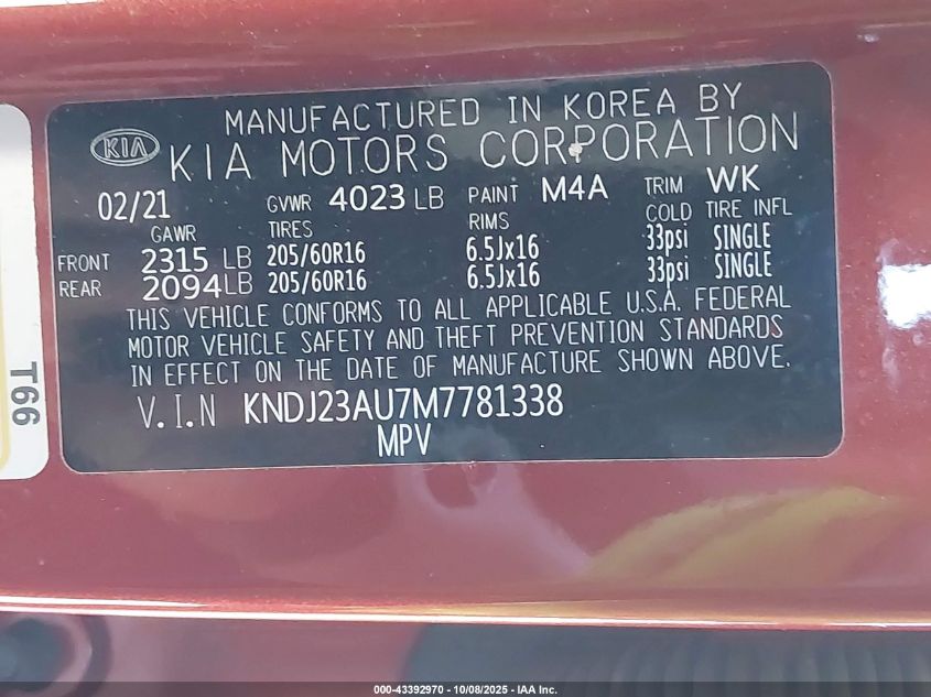 2021 Kia Soul S VIN: KNDJ23AU7M7781338 Lot: 43392970