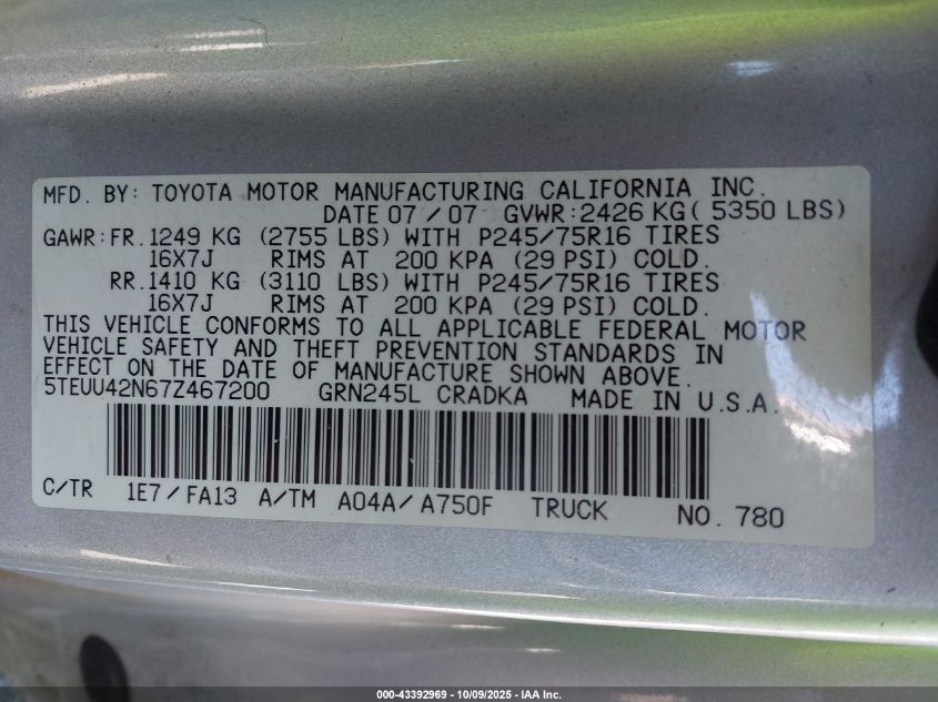 2007 Toyota Tacoma Base V6 VIN: 5TEUU42N67Z467200 Lot: 43392969