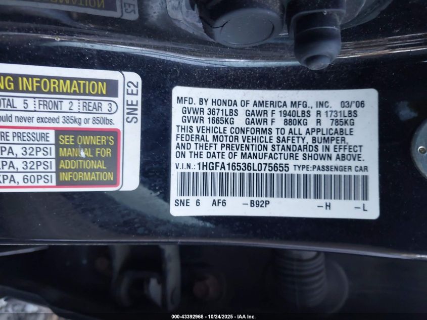 2006 Honda Civic Lx VIN: 1HGFA16536L075655 Lot: 43392968