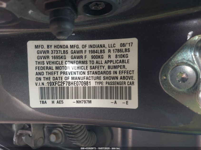 2017 Honda Civic Ex VIN: 19XFC2F78HE070981 Lot: 43392973