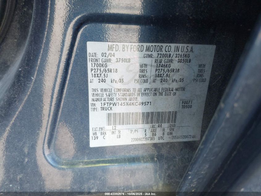 2004 Ford F-150 Fx4/Lariat/Xlt VIN: 1FTPW145X4KC49571 Lot: 43392976