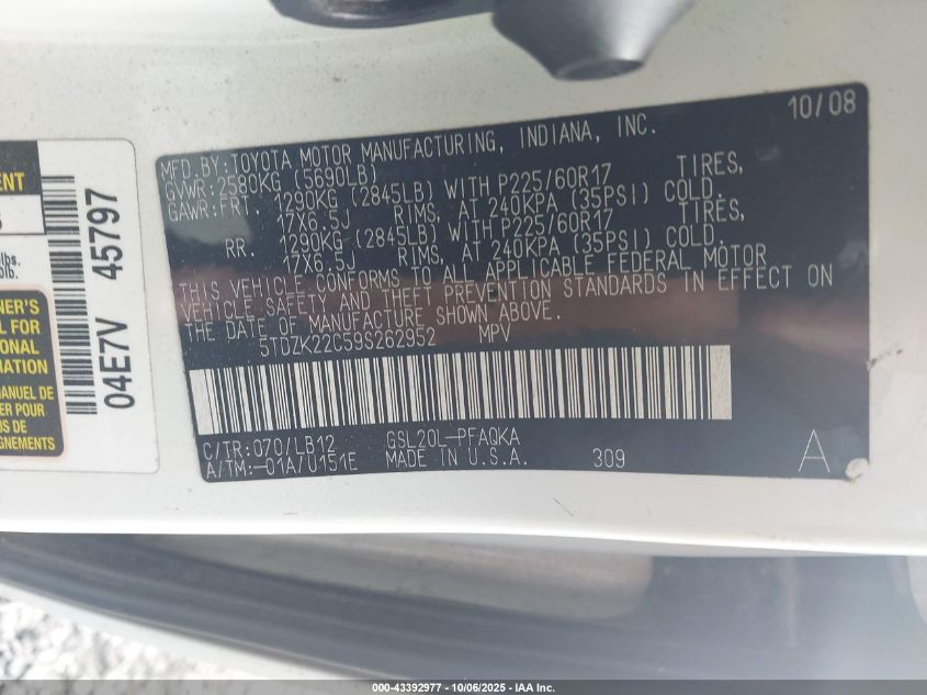 2009 Toyota Sienna Xle VIN: 5TDZK22C59S262952 Lot: 43392977