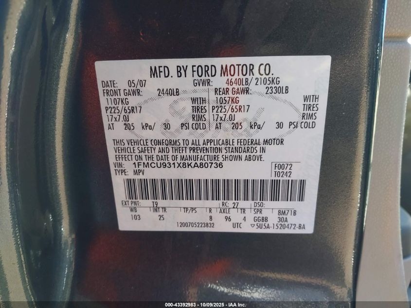 2008 Ford Escape Xlt VIN: 1FMCU931X8KA80736 Lot: 43392983