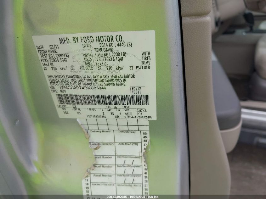 2011 Ford Escape Xlt VIN: 1FMCU0D74BKC05946 Lot: 43392985