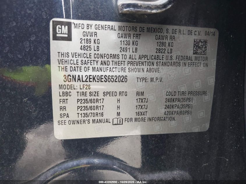 2014 Chevrolet Captiva Sport 2Ls VIN: 3GNAL2EK9ES652026 Lot: 43392990