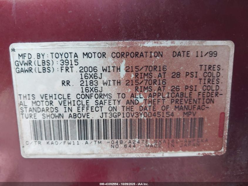 2000 Toyota Rav4 VIN: JT3GP10V3Y0045154 Lot: 43392994