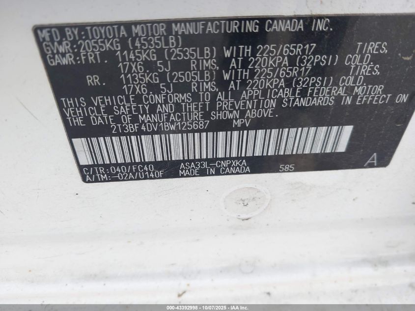 2011 Toyota Rav4 VIN: 2T3BF4DV1BW125687 Lot: 43392998