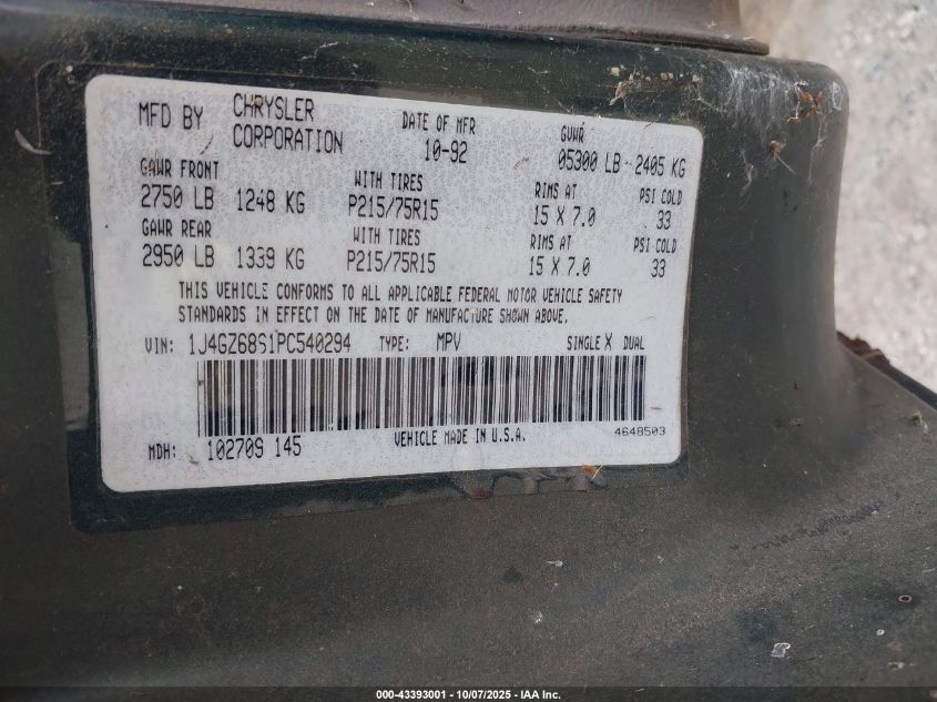 1993 Jeep Grand Cherokee VIN: 1J4GZ68S1PC540294 Lot: 43393001