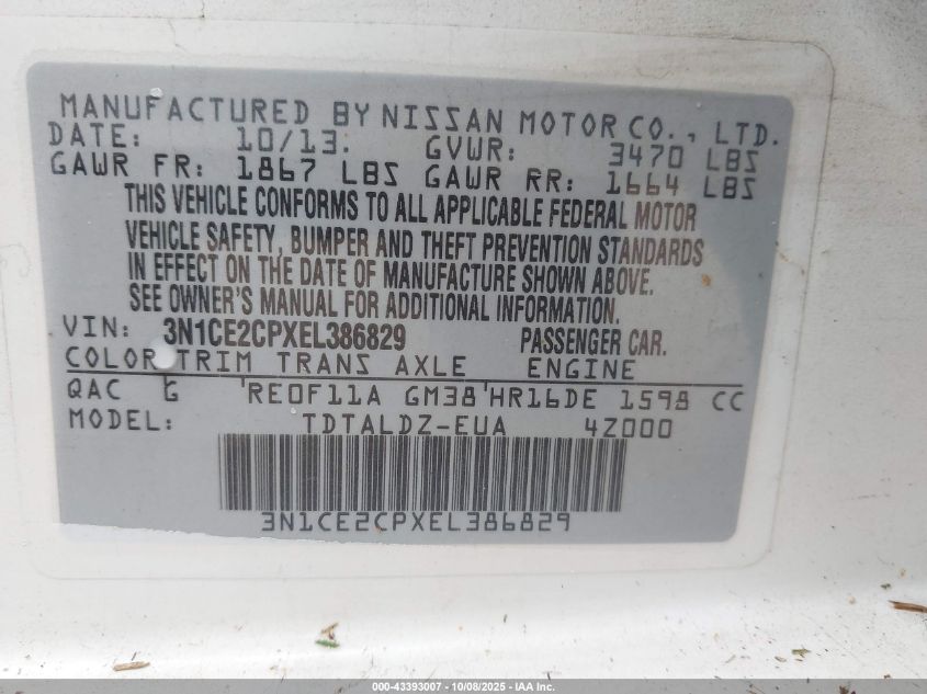 2014 Nissan Versa Note Sv VIN: 3N1CE2CPXEL386829 Lot: 43393007