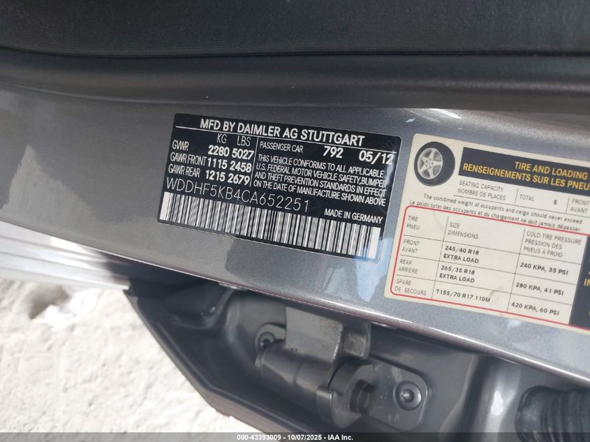 2012 Mercedes-Benz E 350 VIN: WDDHF5KB4CA652251 Lot: 43393009