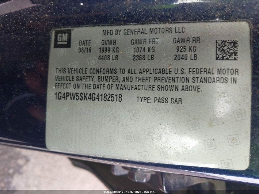 2016 Buick Verano Sport Touring Group VIN: 1G4PW5SK4G4182518 Lot: 43393017