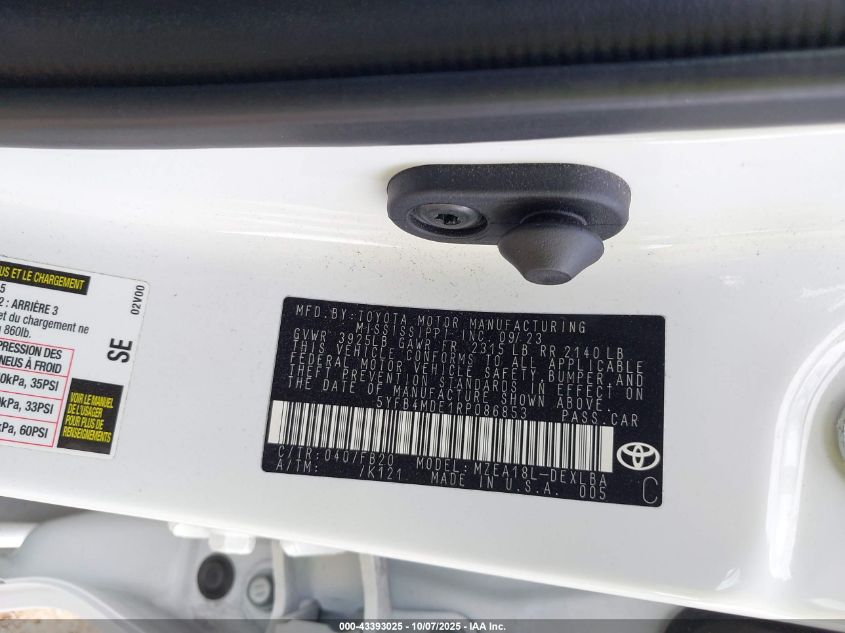 2024 Toyota Corolla Le VIN: 5YFB4MDE1RP086853 Lot: 43393025